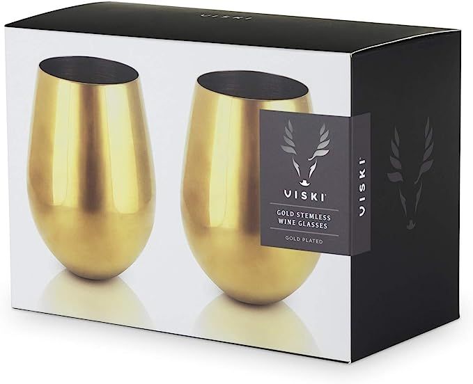 Viski Gold Wine Glasses, Stemless Wine Glass Set, Stainless Steel with Gold Finish, 18 Ounces, Se... | Amazon (US)