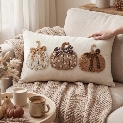 Boao Fall Pumpkin Pillow Covers 12x20 Rustic Boho Brown Beige Lumbar Case | Chenille Knit Embroid... | Amazon (US)