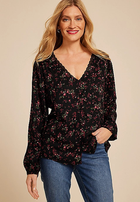 Floral V Neck Lace Button Front Blouse | Maurices