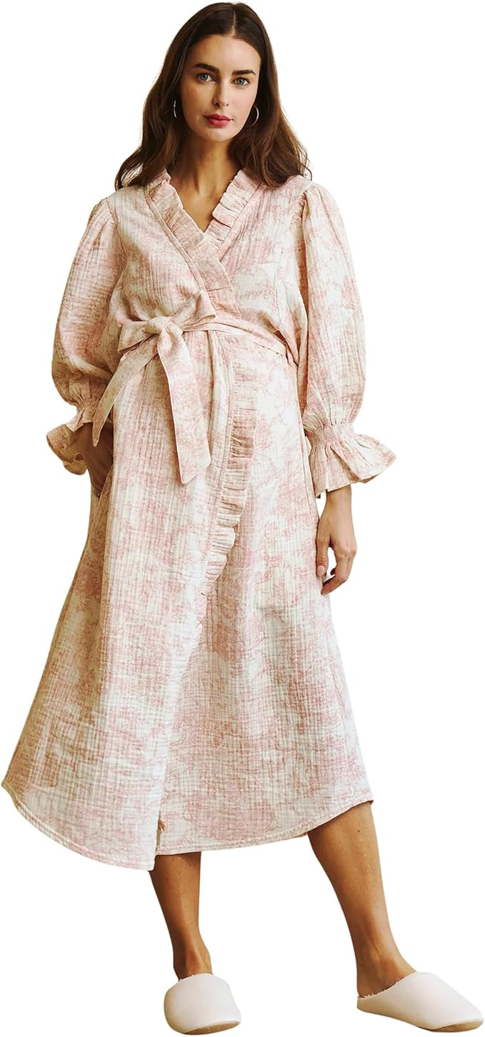 NOTHING FITS BUT 100% Cotton Muslin Gauze Maternity Robe, Nursing & Delivery Gown with Adjustable... | Amazon (US)