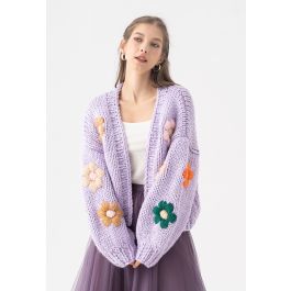 Stitch Flowers Hand-Knit Chunky Cardigan in Lilac | Chicwish