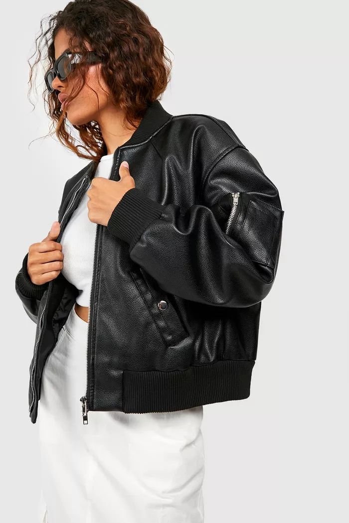 Petite Faux Leather Pocket Detail Bomber Jacket | boohoo (US & Canada)