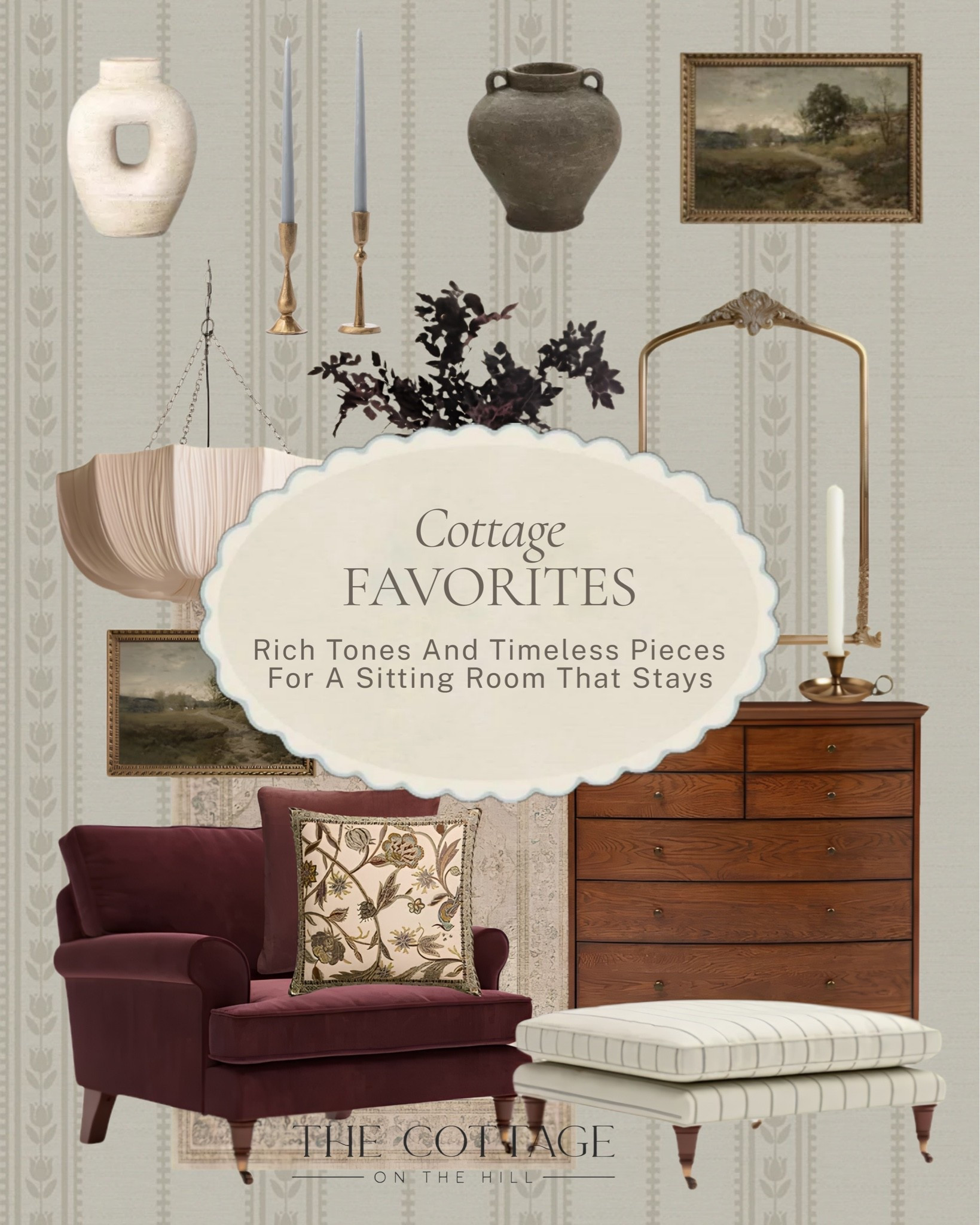 The pieces that make a sitting room feel like it was meant to be there ✨ 

A deep burgundy armchair, a tall wood dresser, a draped pendant, moody dried botanicals, brass candlesticks, and a gilded mirror that ties it all together. 

All linked here 🤍

#LTKhome