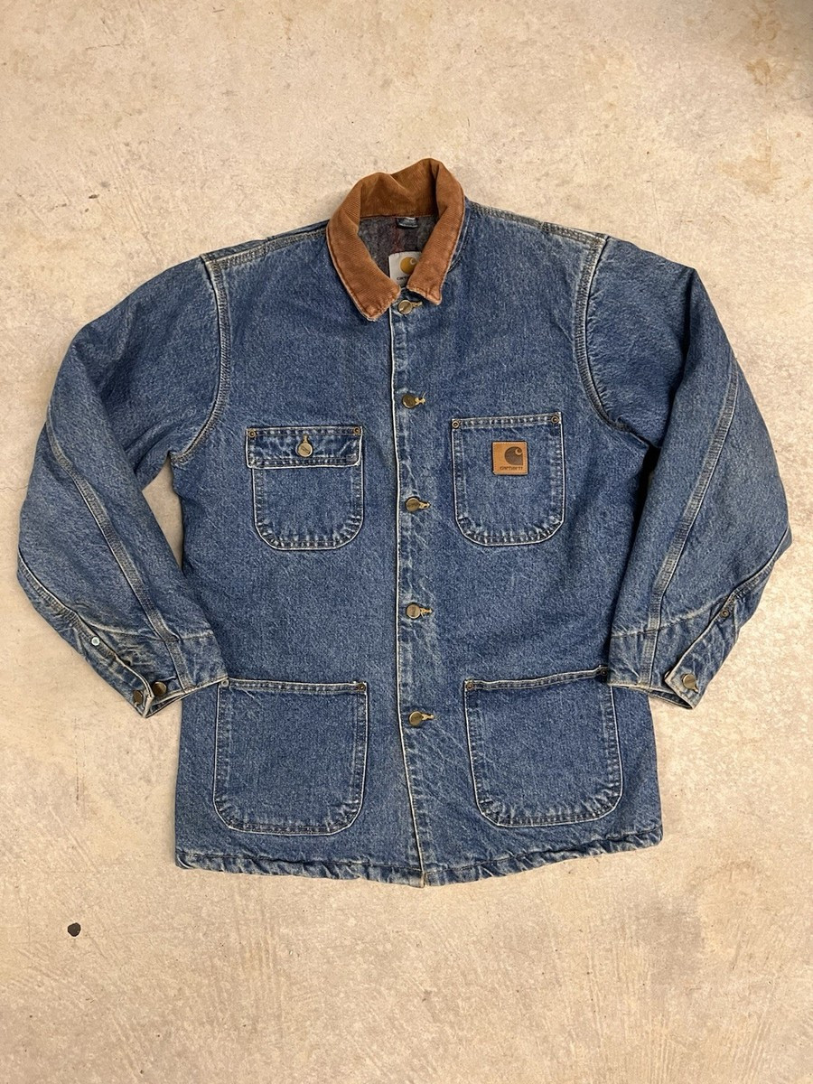 Vintage 90s Carhartt Denim Wool Blanket Lined Chore Jacket men’s Large | eBay US