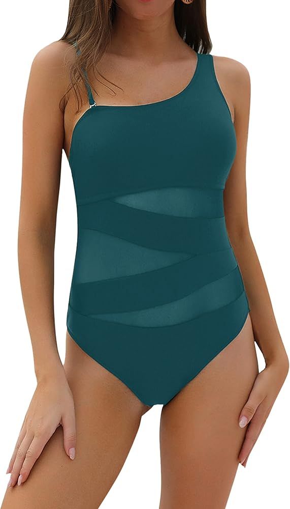 Blooming Jelly Women's Sexy One Piece Bathing Suits One Shoulder Swimsuits Slimming Mesh Swimwear | Amazon (US)