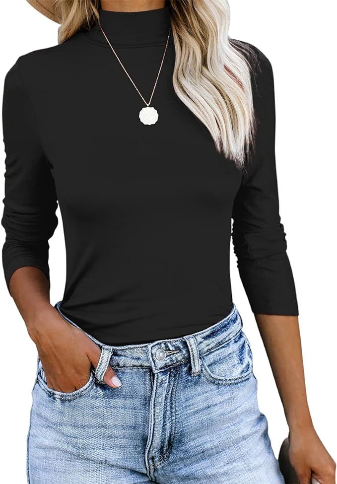 REVETRO Women Casual Long Sleeve Shirts Mock Turtleneck Tops Slim Fit Basic Lightweight Plain T-S... | Amazon (US)