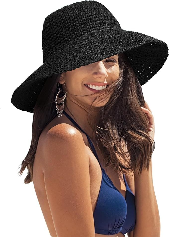 Women Straw Hat Foldable Floppy Straw Wide Brim Sun Hat Beach Cap Summer Crochet Hat | Amazon (US)