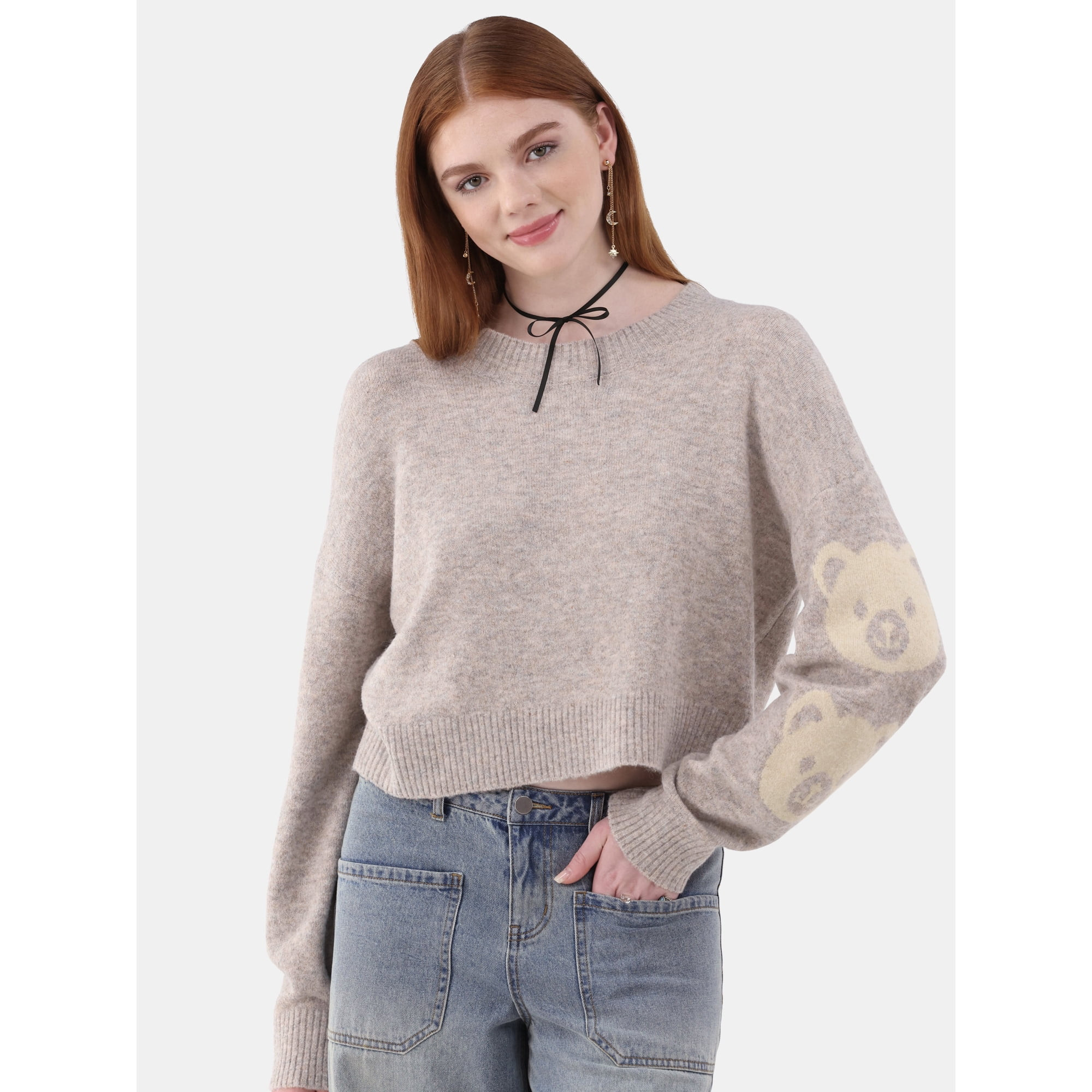 No Boundaries Crewneck Pullover Motif Sleeve Sweater, Women’s and Women’s Plus - Walmart.com | Walmart (US)