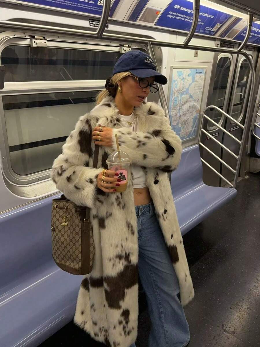 INDEFEIR Leopard Print Fluffy Coat For Women, Relaxed Fit, Thick Warm Shearling Jacket, Mid-Lengt... | SHEIN