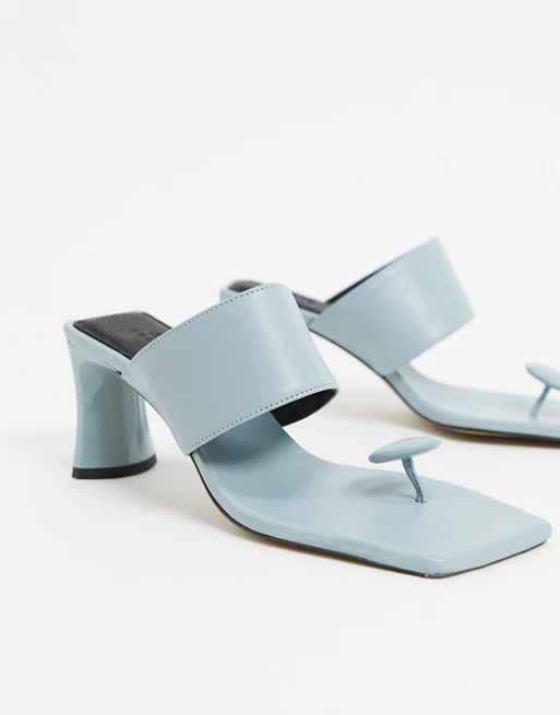 ASOS DESIGN Vacation premium leather toe post mid-heeled sandals in blue | ASOS (Global)