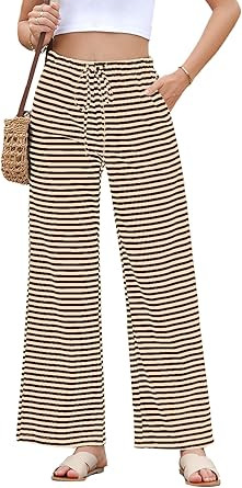 EVALESS Wide Leg Pants for Women Drawstring Elastic Waist Stripe Ribbed Sweatpants with Pockets | Amazon (US)