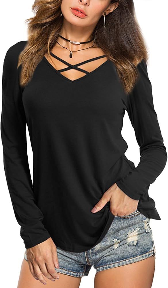 Amoretu Womens Casual V Neck Short/Long Sleeve Criss Cross T-Shirt Blouse Tops | Amazon (US)