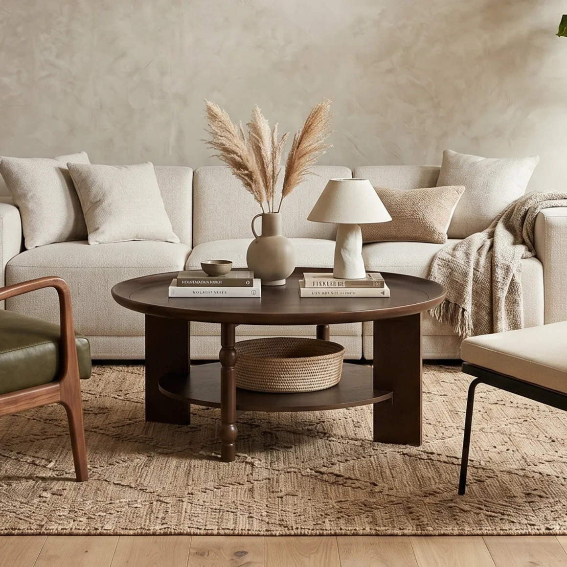 Transitional 40"W Round Unique Turned Spindle and Slab Leg Design Coffee Table with Storage Shelf | Wayfair North America