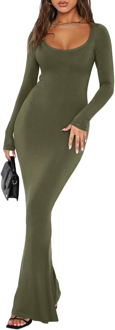 REORIA Womens Basic Sexy Square Neck Long Sleeve Soft Lounge Long Dress Fall Casual Ribbed Bodyco... | Amazon (US)