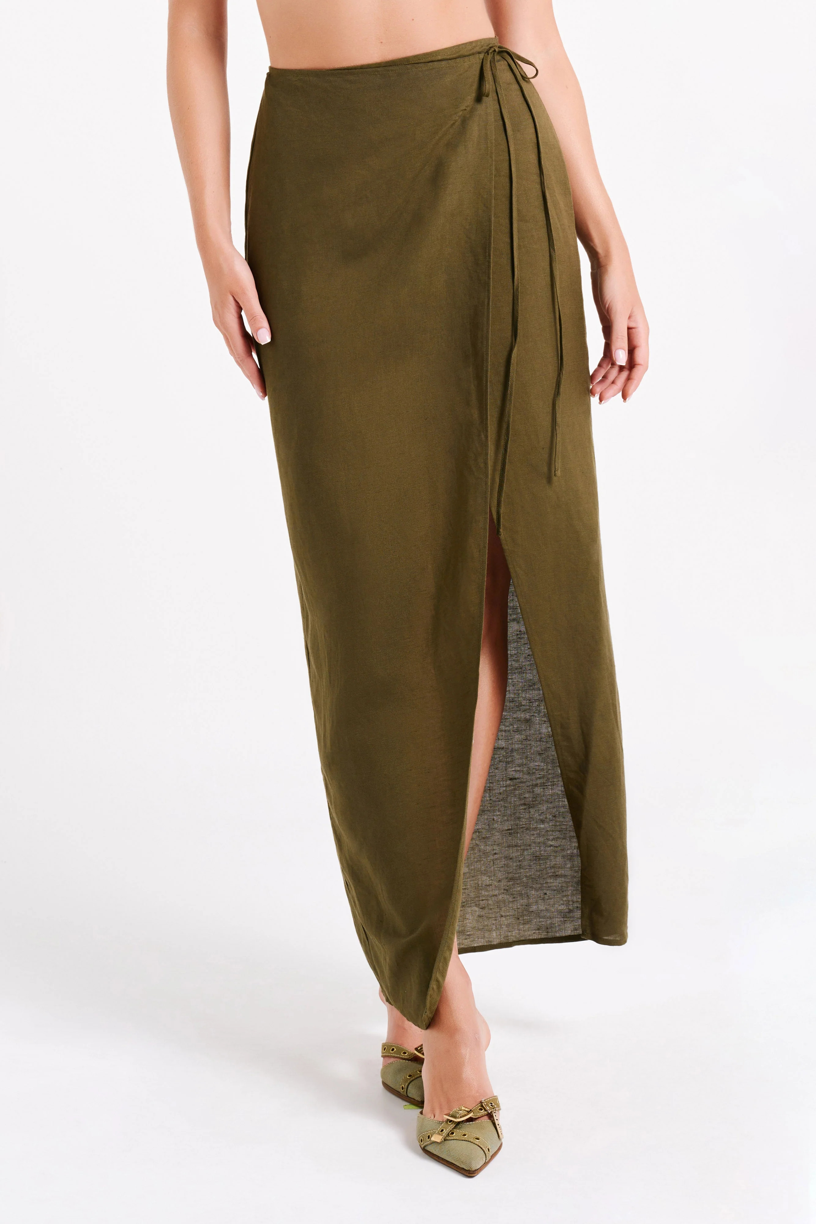 Fatima Linen Wrap Maxi Skirt - Khaki | MESHKI US