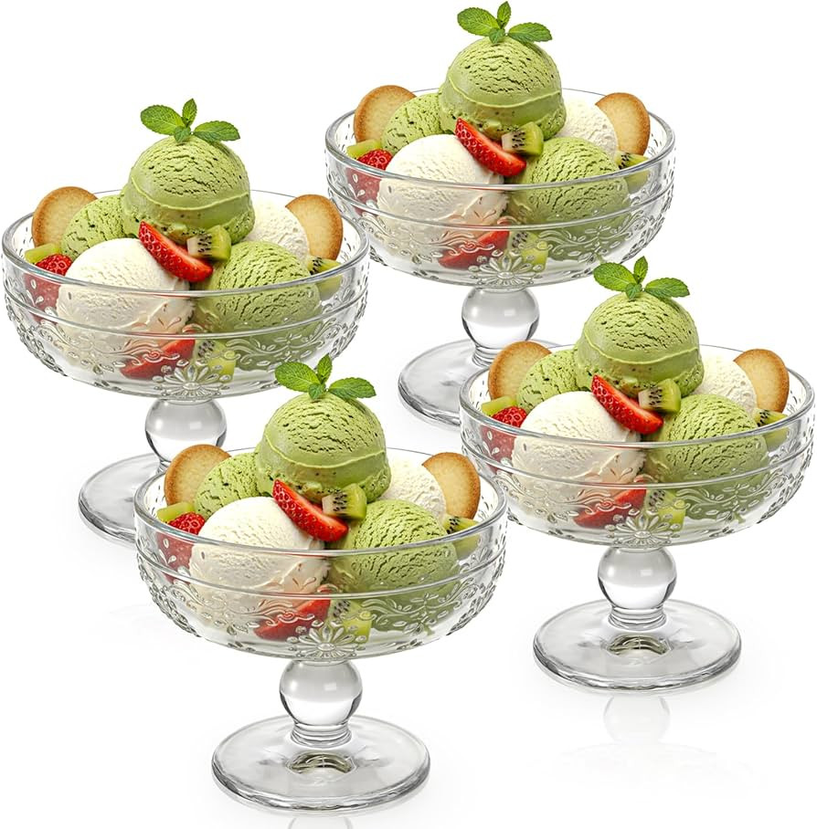 4 Pack Glass Ice Cream Bowls, 12 Oz Vintage Dessert Cups, Footed Large Sundae Dish Parfait Servin... | Amazon (US)