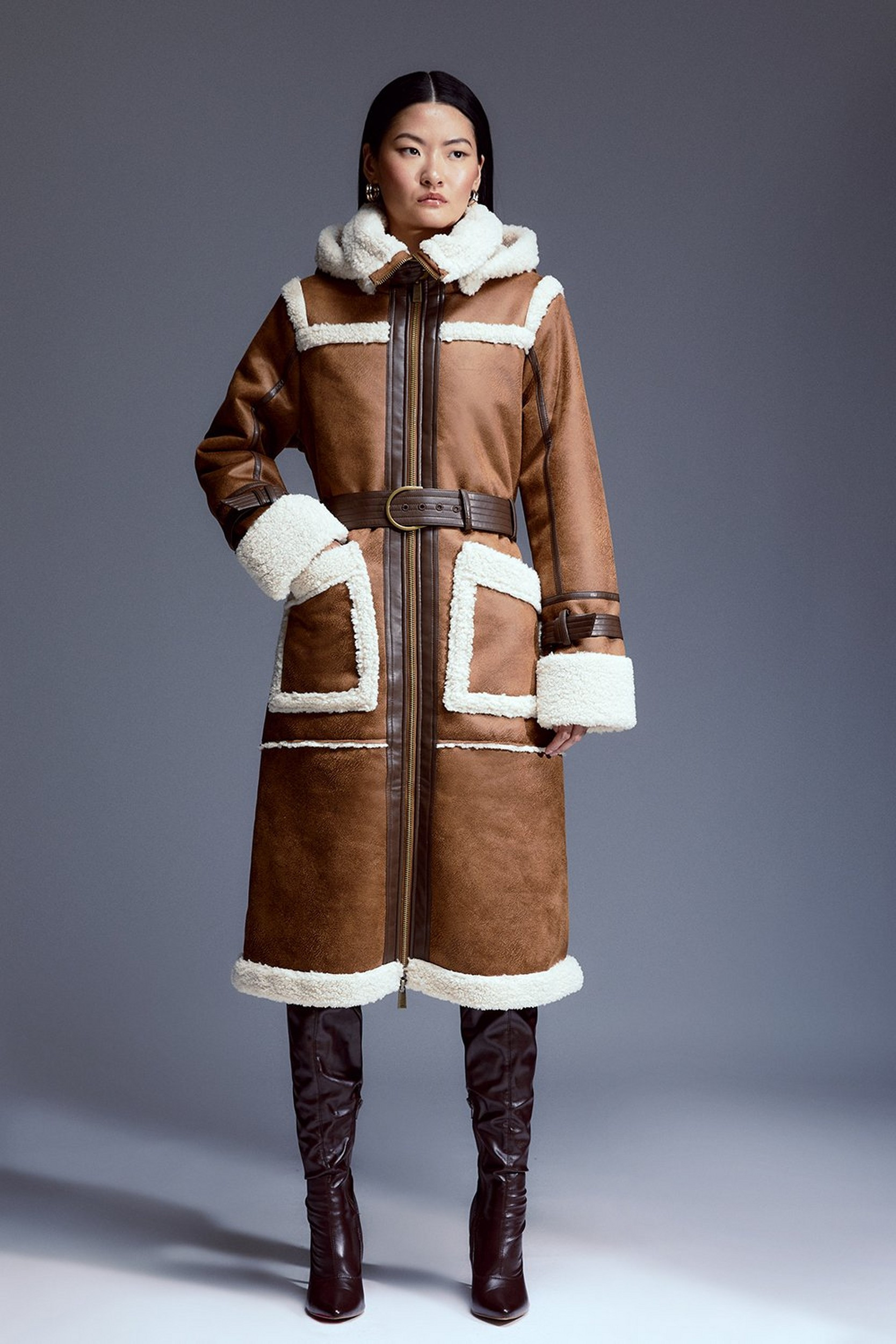 Faux Shearling Contrast Trim Hooded Midi Coat | Karen Millen US