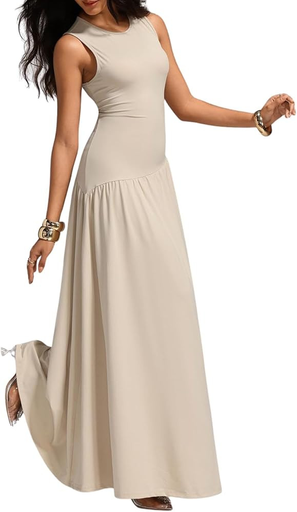 Verdusa Women's Ruched Sleeveless Tank Dress Crew Neck Flare Maxi Dress, Apricot, X-Large : Amazo... | Amazon (CA)