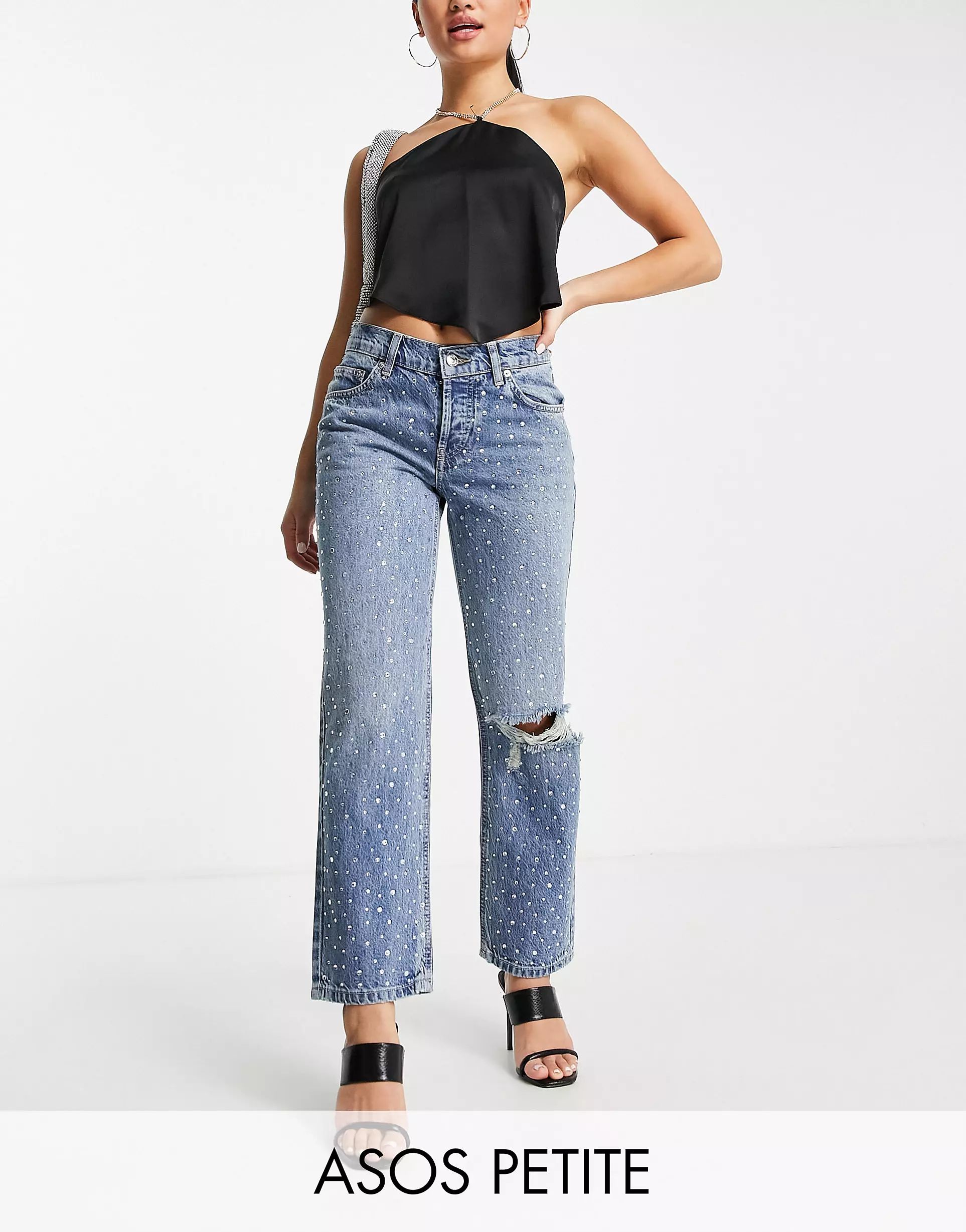 ASOS DESIGN Petite cotton blend low rise straight leg jeans in all over diamante hotfix with ripp... | ASOS (Global)