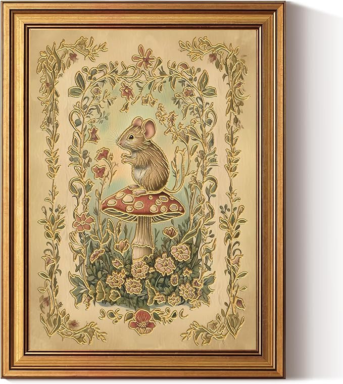InSimSea Gold Framed Canvas Prints Wall Art, 3D Embossed Vintage Decor, Woodland Mouse on Mushroo... | Amazon (US)