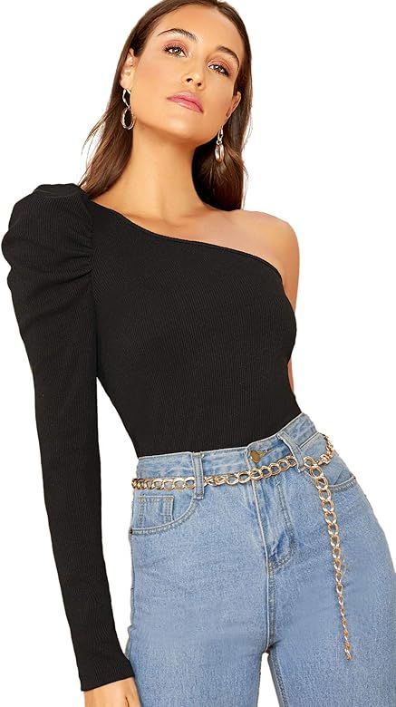 WDIRARA Women's Sexy Solid One Shoulder Cut-Out Long Sleeve Top | Amazon (US)