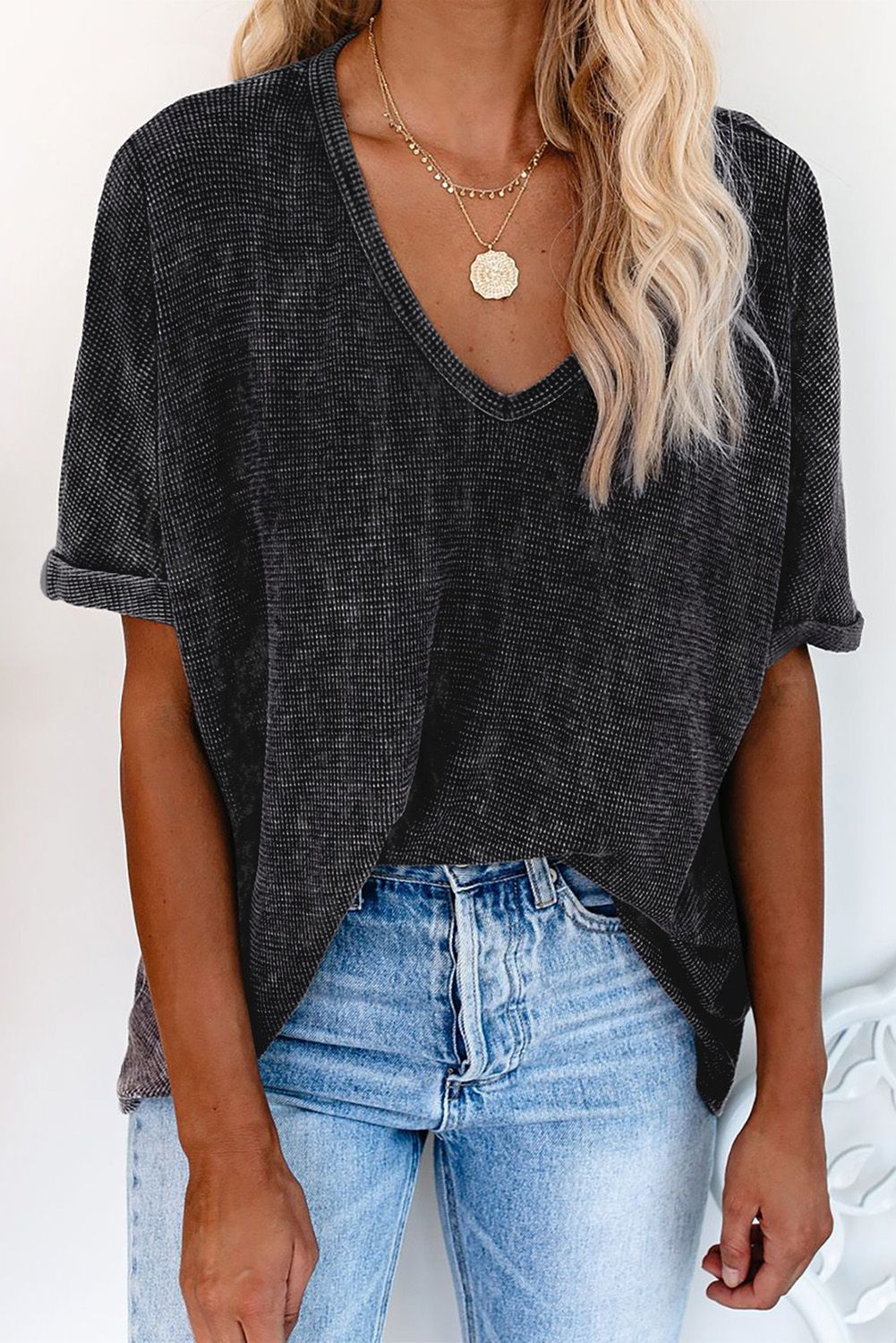 Gray Waffle Knit Casual V Neck T Shirt | Shewin