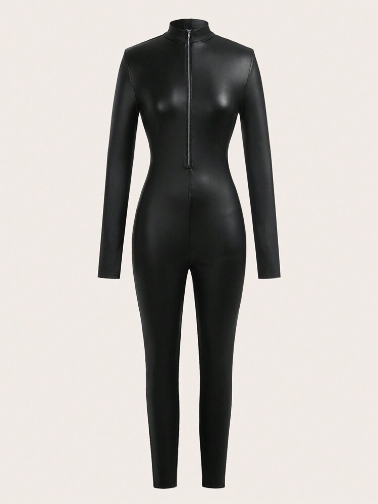 SHEIN EZwear Black Elastic PU Leather Zipper Front Jumpsuit For Women | SHEIN