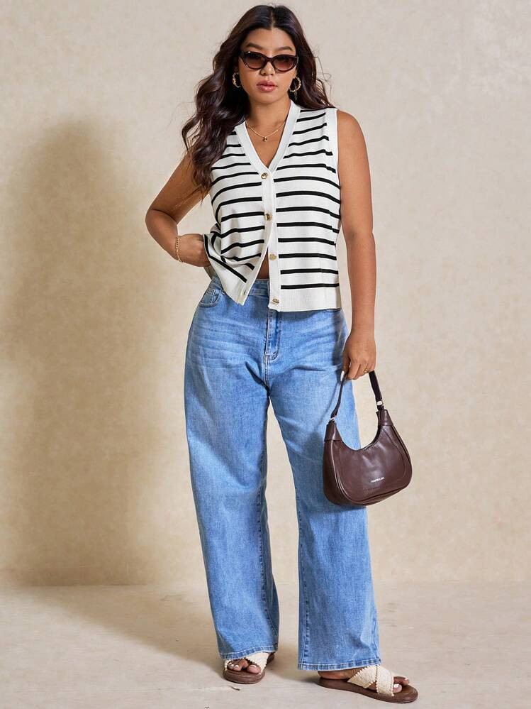 Elaquor Plus Size Women Striped Single-Breasted Casual Knitted Vest In Fall/Winter | SHEIN