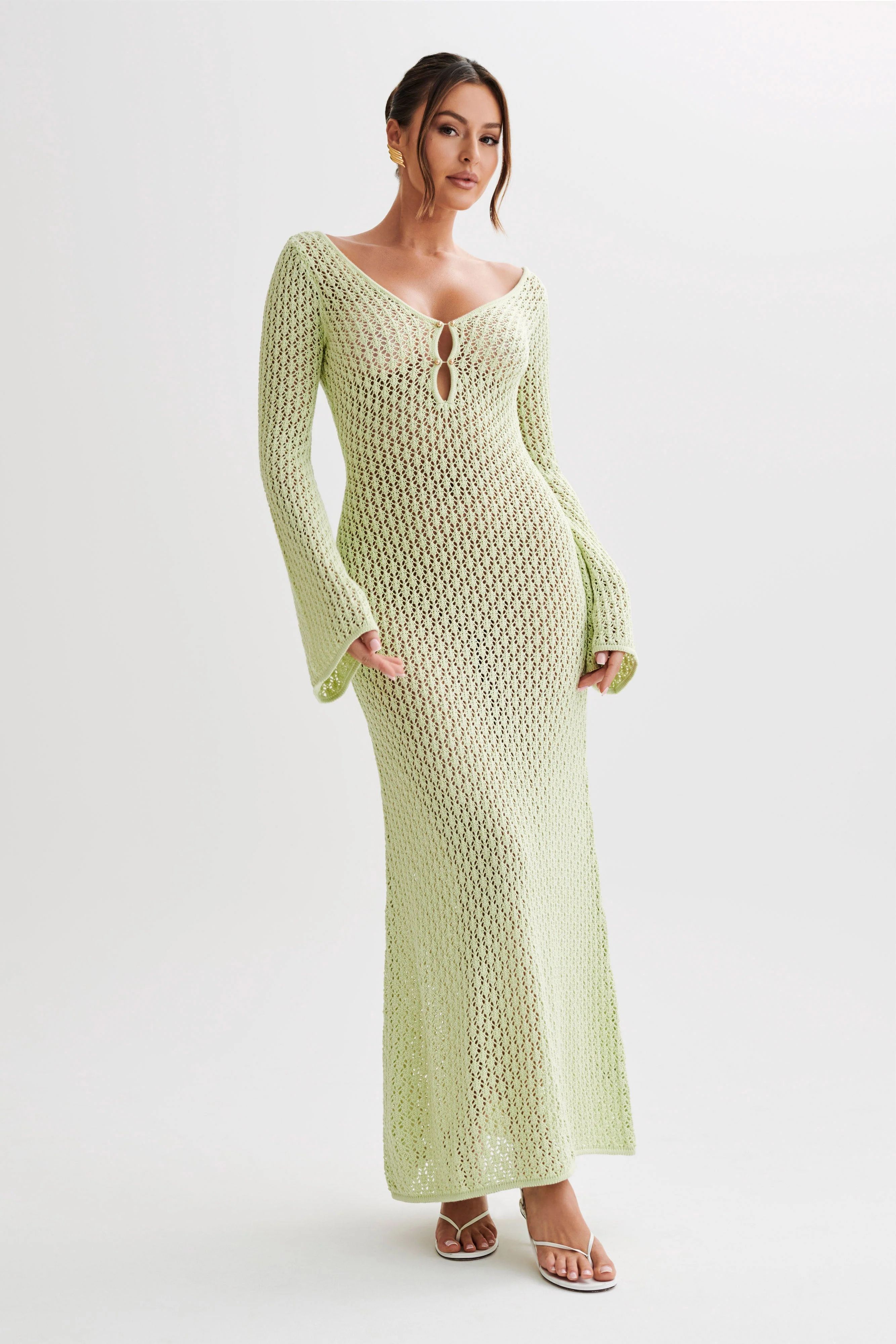 Kayleigh Crochet Fishtail Flare Sleeve Maxi Dress - Seafoam Green | MESHKI US