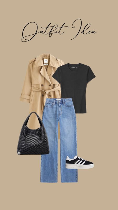 Casual outfit idea- outfit inspo- Abercrombie staples- capsule wardrobe- neutral style- woven amazon bag- purse- adidas sneakers 