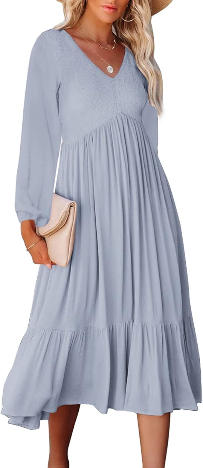 Zwurew Women's Dress V Neck Smocked Midi Dress Long Sleeve A Line Long Dress | Amazon (US)