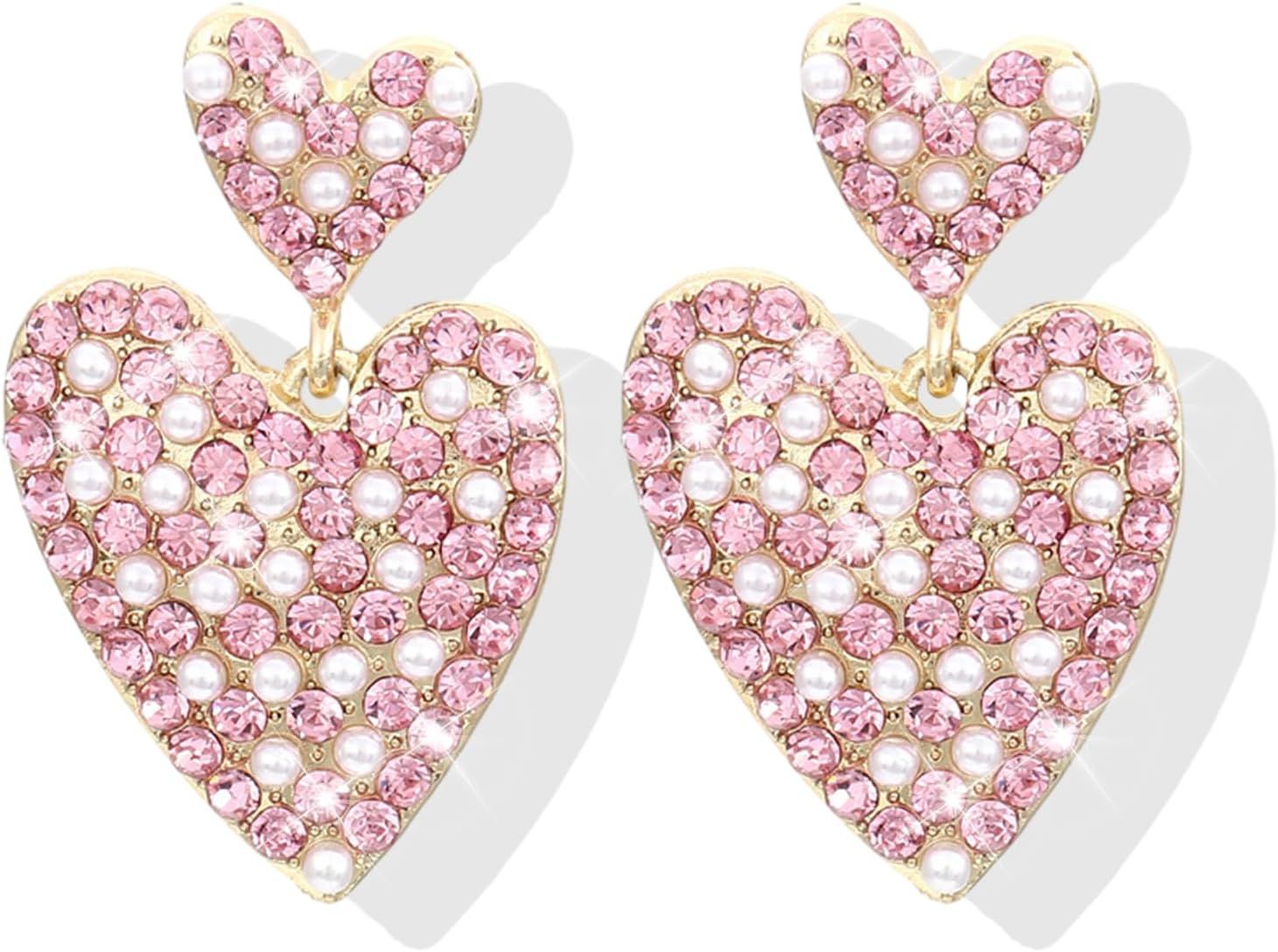 Valentines Day Earrings Rhinestone Heart Earrings Valentines Earrings for Women Pink Heart Dangle... | Amazon (US)