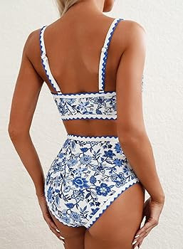 Herseas Women's Bikini Sets Floral Print Whip Stitch 2 Piece Swimsuits High Waisted Scoop Bathing... | Amazon (US)