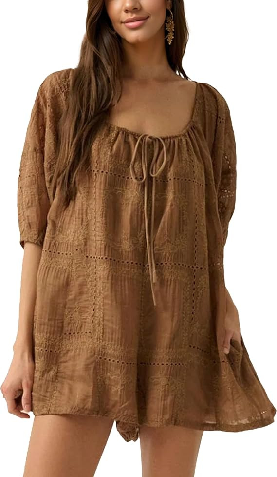 Womens Eyelet Romper Loose Fit Summer Breathable Warm Weather culottes Casual Outfit Hollow jumps... | Amazon (US)