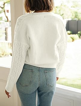 MEROKEETY Women's Long Sleeve Open Front Cable Knit Crop Cardigans V Neck Button Sweaters with Po... | Amazon (US)