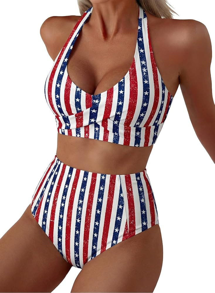 Herseas Women's High Waisted 2 Piece Bikini Sets Halter Patch Pocket Swimsuits Striped Bathing Su... | Amazon (US)