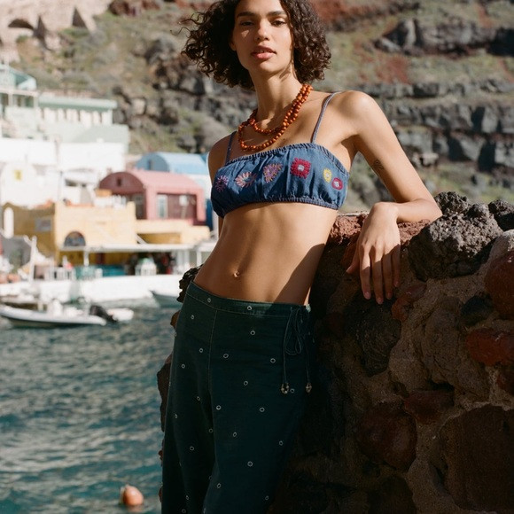 NWT Zara Blue Embroidered Crop Top With Spaghetti Straps | Poshmark