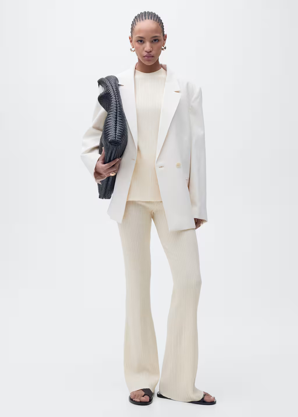 Pantalon flare maille côtelée écru - Femme - M - MANGO | Mango EU