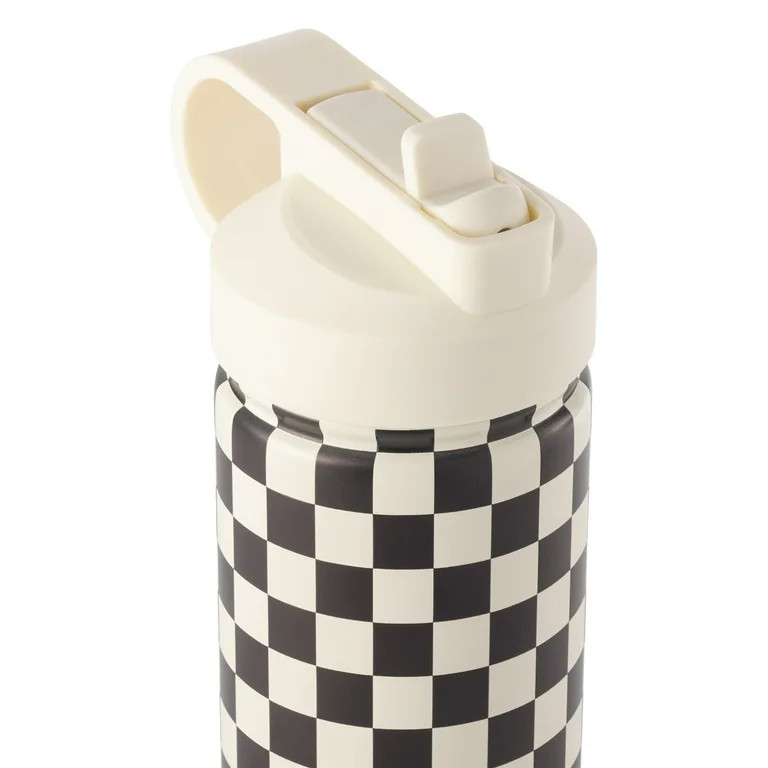 Thyme & Table 26 fl oz Water Bottle with Straw Lid, Cream & Black Check with Cowgirl Gold Charm | Walmart (US)