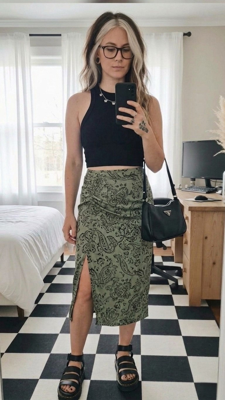 Found the perfect way to style this paisley midi skirt for a city-chic look! This high-slit skirt is so airy and pairs perfectly with a classic black halter crop to balance the proportions. I’m obsessed with the platform sandal trend this season—it adds just enough height and edge. 

#LTKSeasonal #LTKSaleAlert #LTKootd