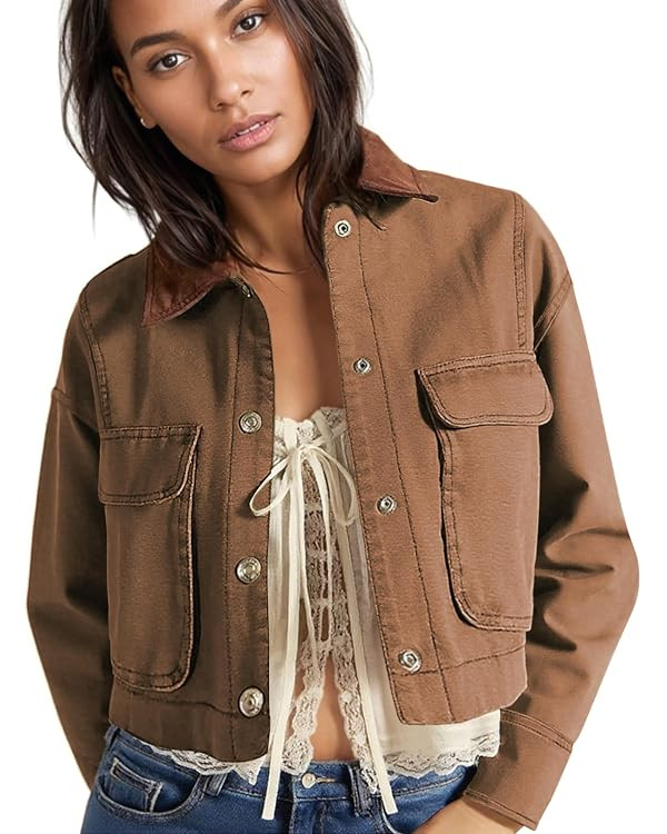 Cropped Barn Jacket for Women 2025 Contrast Collar Outwear Long Sleeve Cotton Short Cargo Jacket ... | Amazon (US)