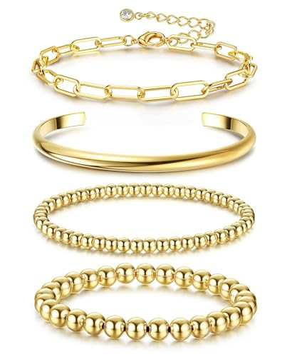Fansilver 4PCS Gold Bracelets Set - 14K Gold Plated Cuff, Bead Ball, Twisted Chunky Bangle & Link Bracelets for Women | Amazon (US)