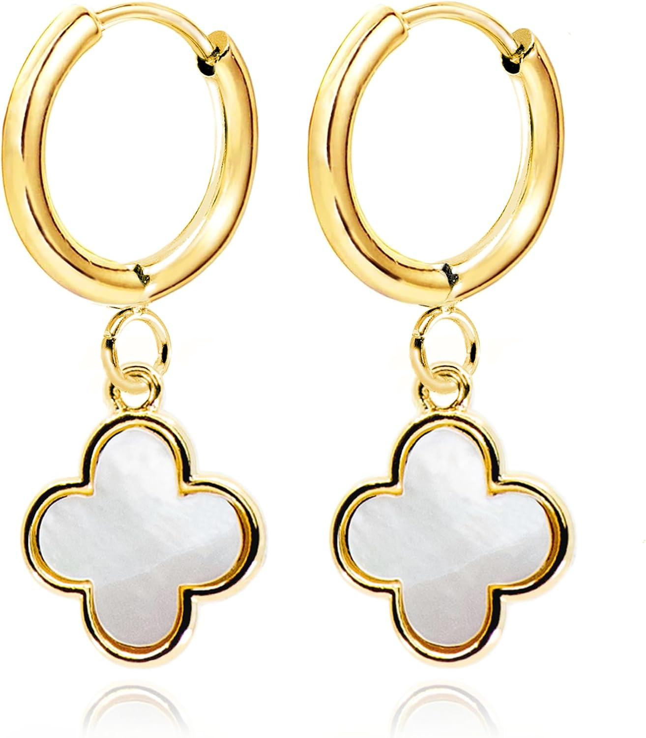 Four Leaf Clover Dangle Earrings for Women • 14K Gold Plated White Mother of Pearl/Black Onyx/CZ Diamond Lucky Clover Charm Drop Huggie Hoops Earrings [CVRE] | Amazon (US)