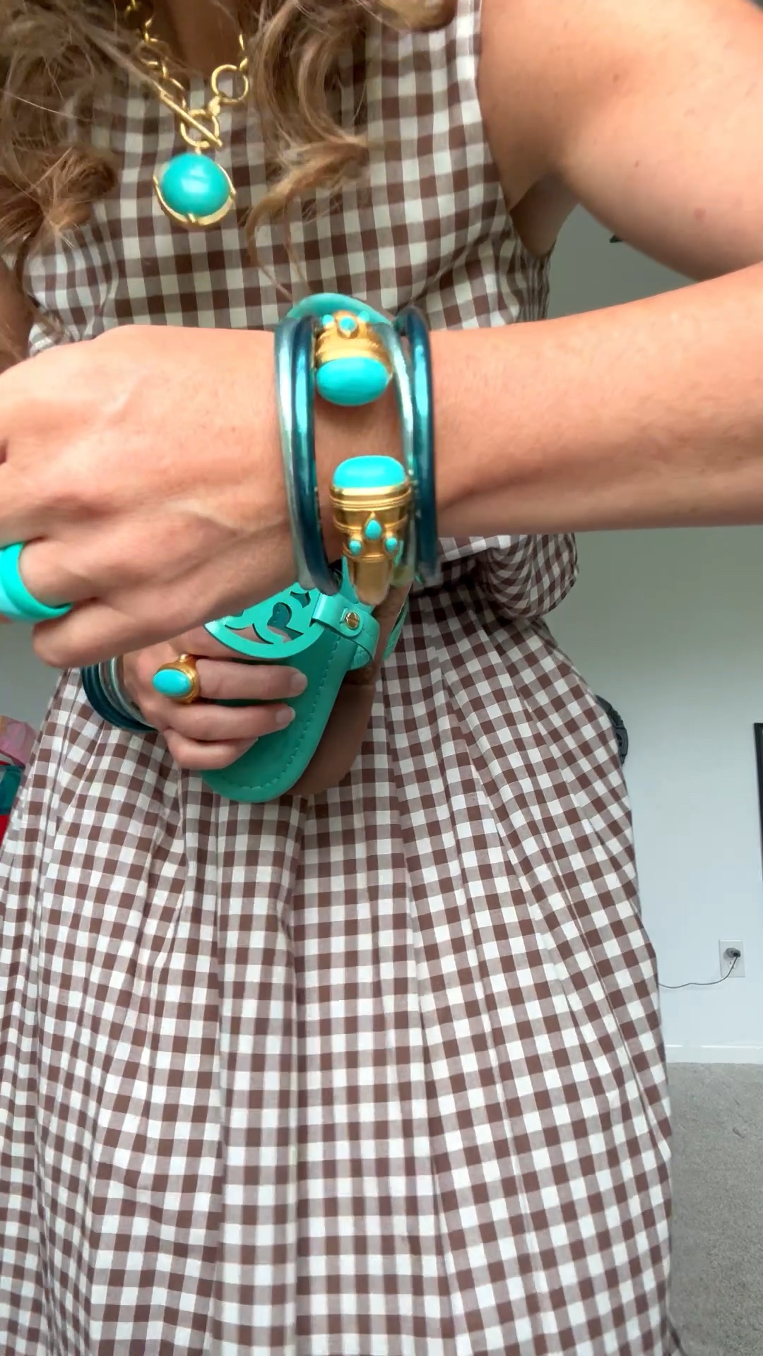 Thursday morning fit check feeling a little summer country vibe with this brown gingham, two-piece skirt set and popping some gold, turquoise and mint accessories, and one of my faves the Tory Burch Miller sandal

#LTKootd #LTKWorkwear #LTKOver40