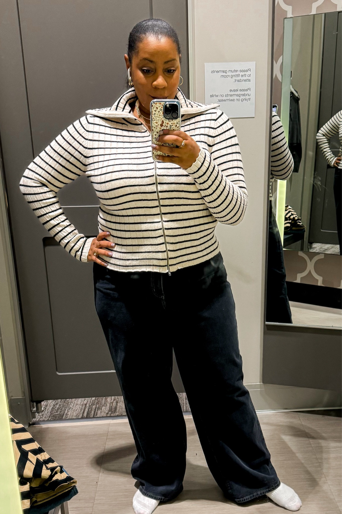 I sized down in this sweater to a large. I normally wear an extra large. The sweater is really cute and you can zip or unzip from both the top and bottom. The wide leg jeans I sized up to a 17  

#LTKStyleTip #LTKMidsize #LTKFindsUnder50