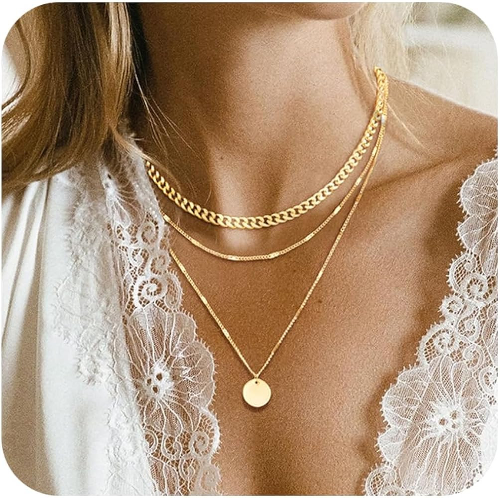 14K Gold Plated Layering Necklaces For Women Gold Necklace Set, Cuban Link, Snake Chain, Papercli... | Amazon (US)