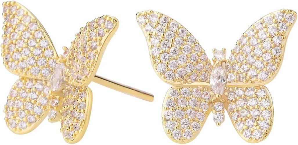Butterfly Earrings for Women - 3D Colorful CZ Pave Butterfly Stud Earrings for Girls in Rose Gold... | Amazon (US)