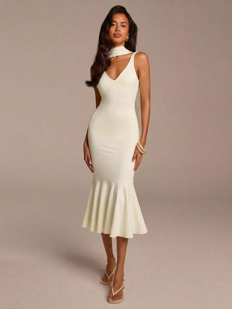 COSMINA Women's Halter Neck Mermaid Hem Bodycon Dress, Cream Yellow, Apricot, White Solid Color, Elegant Mermaid Tight Dress, High Stretch Dress, Suitable For Wedding, Holiday, Party, Wedding Guest, Midi Dress, Minimalist Romantic Date Dress | SHEIN