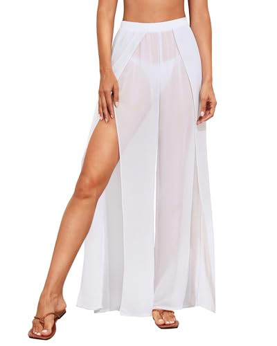 Pinup Fashion Bathing Suit Cover Up Pants Women White Beach High Waisted Flowy See Through Summer Leggings with Slits | Amazon (US)