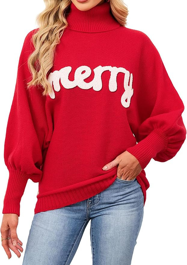 SunnyMelody Womens Cute Christmas Turtleneck Batwing Sleeve Sweater Winter 2025 Funny Holiday Mer... | Amazon (US)